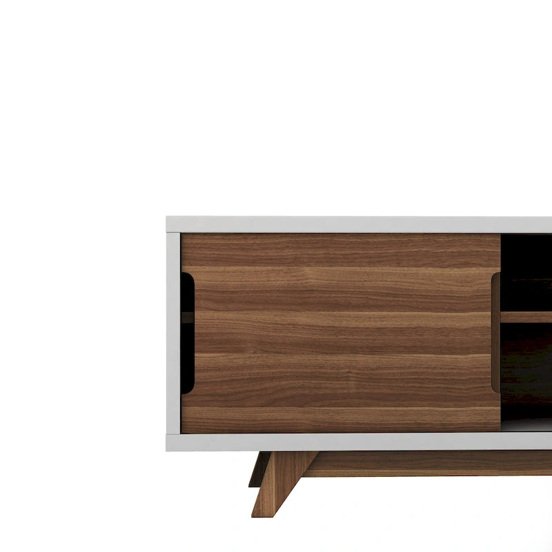 Meuble TV de 157,5 cm de large avec 6 étagères, style moderne du milieu du siècle, blanc et noyer