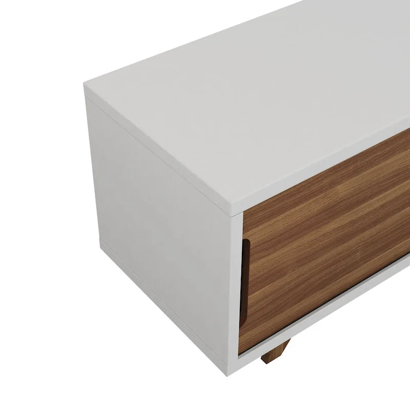 Meuble TV de 157,5 cm de large avec 6 étagères, style moderne du milieu du siècle, blanc et noyer