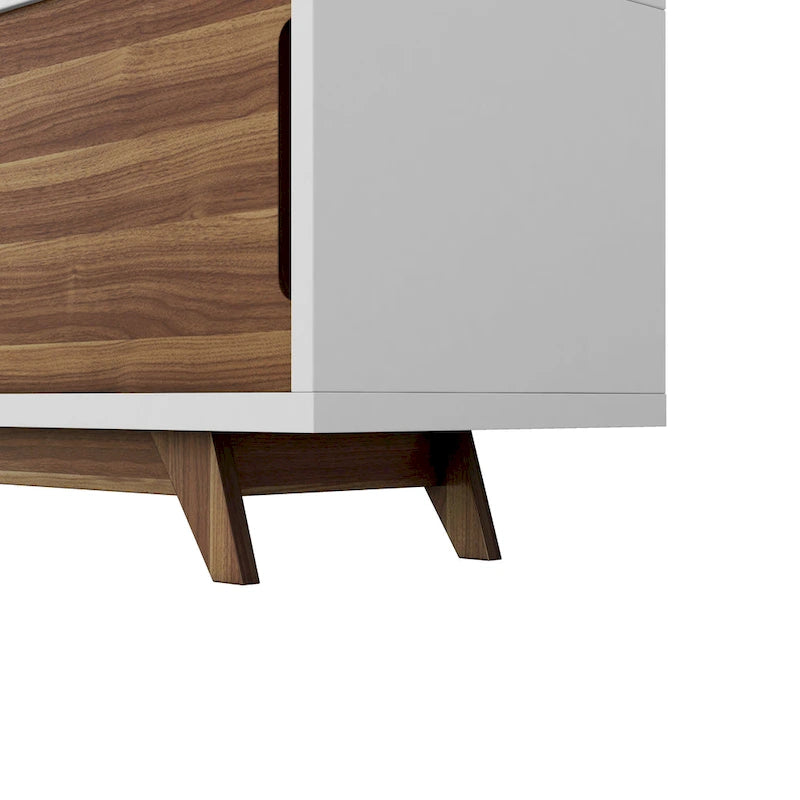 Meuble TV de 157,5 cm de large avec 6 étagères, style moderne du milieu du siècle, blanc et noyer