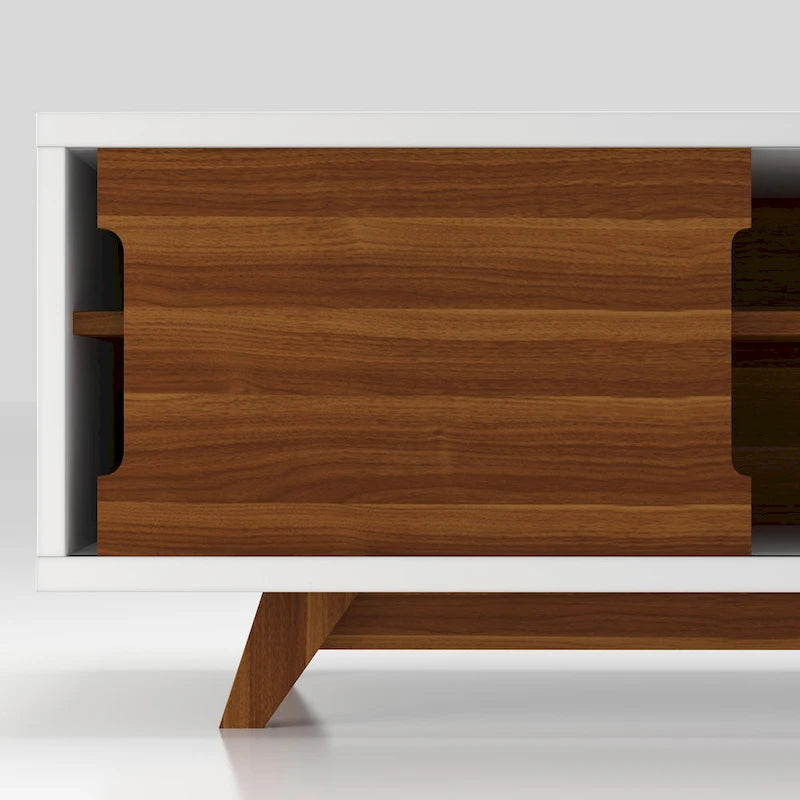 Meuble TV de 157,5 cm de large avec 6 étagères, style moderne du milieu du siècle, blanc et noyer