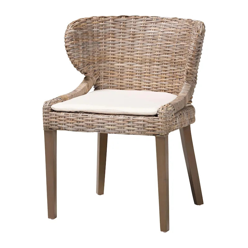 Chaise de salle à manger Bohème Grise en rotin Kubu naturel et bois d'acajou
