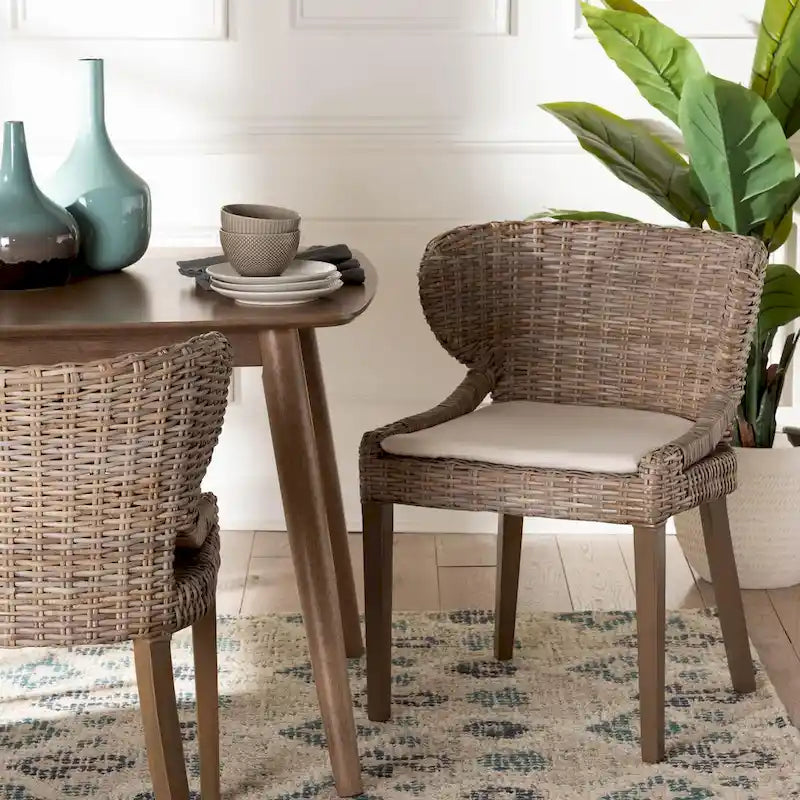 bali & pari Niesha Bohemian Grey Natural Kubu Rattan and Mahogany Wood Dining Chair