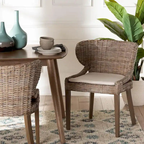 bali & pari Niesha Bohemian Grey Natural Kubu Rattan and Mahogany Wood Dining Chair