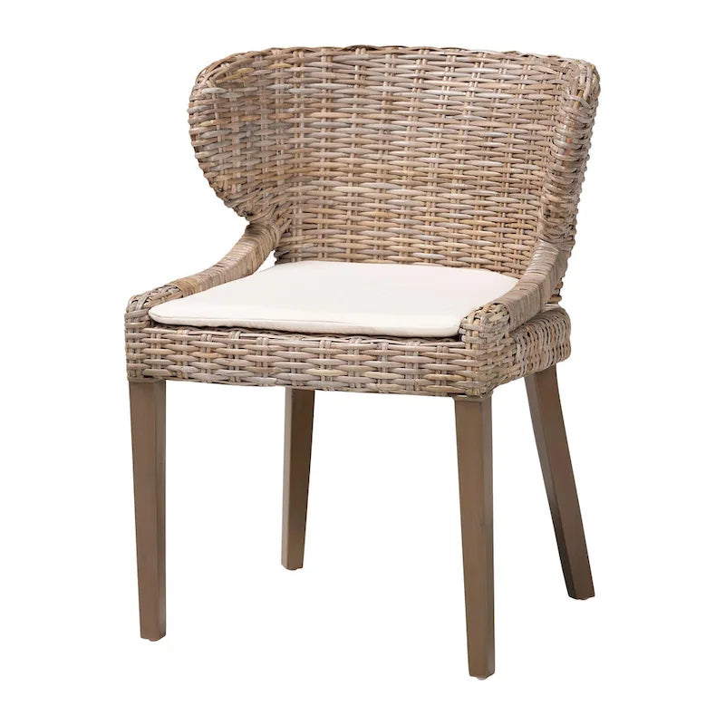 Chaise de salle à manger Bohème Grise en rotin Kubu naturel et bois d'acajou
