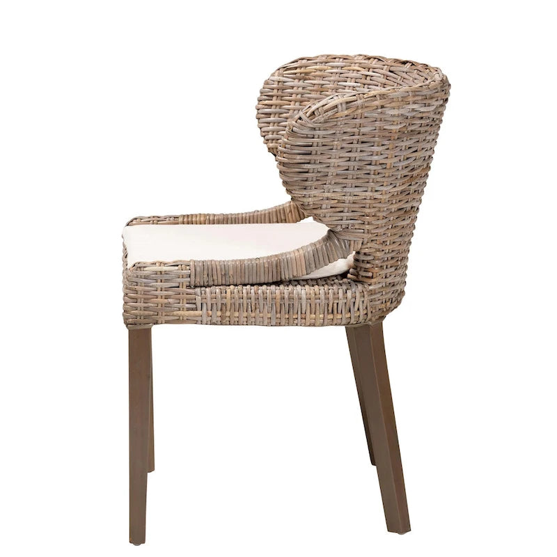 Chaise de salle à manger Bohème Grise en rotin Kubu naturel et bois d'acajou