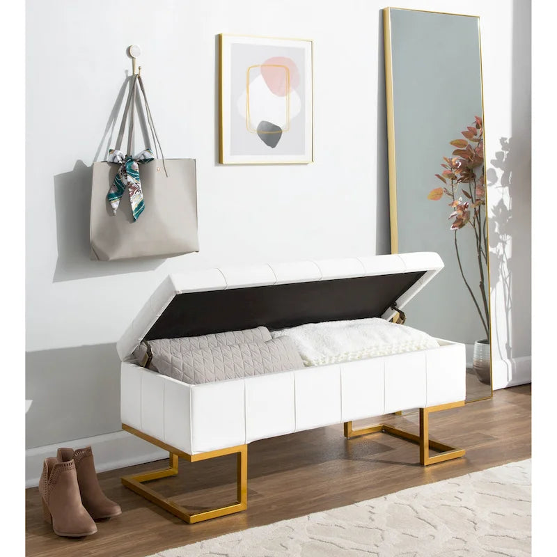Banc de rangement en velours avec couvercle relevable