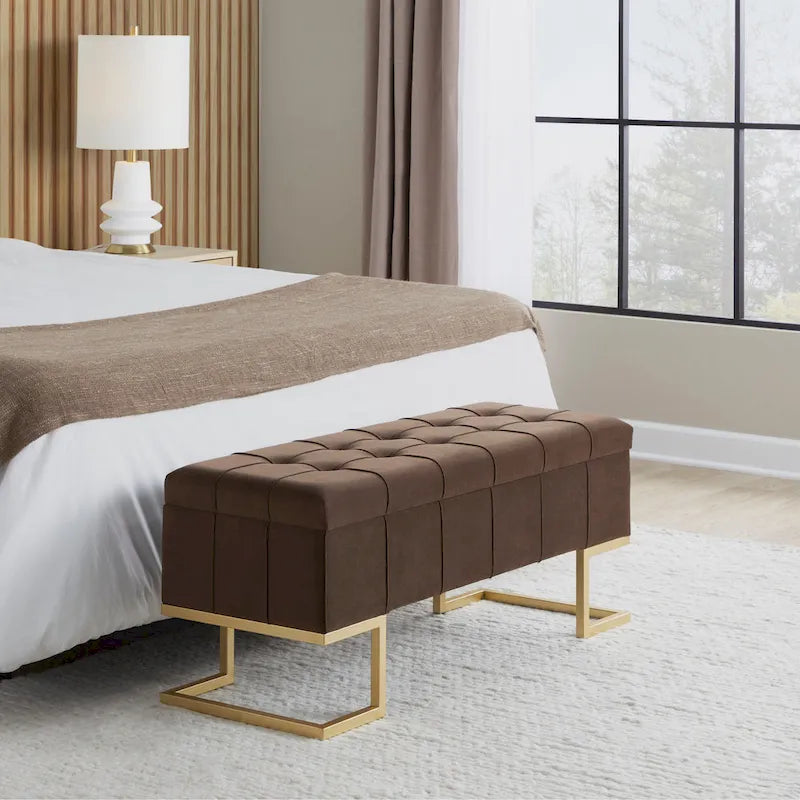 Banc de rangement en velours avec couvercle relevable