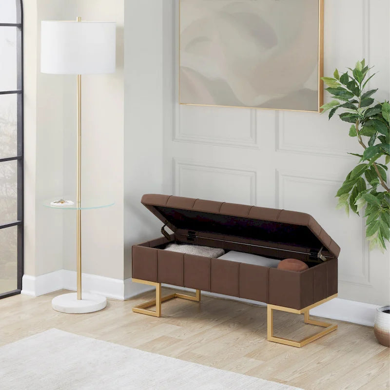 Banc de rangement en velours avec couvercle relevable