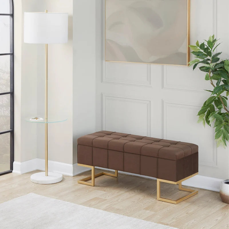 Banc de rangement en velours avec couvercle relevable