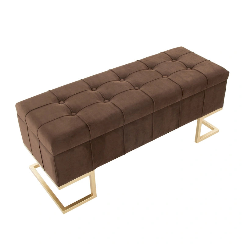 Banc de rangement en velours avec couvercle relevable
