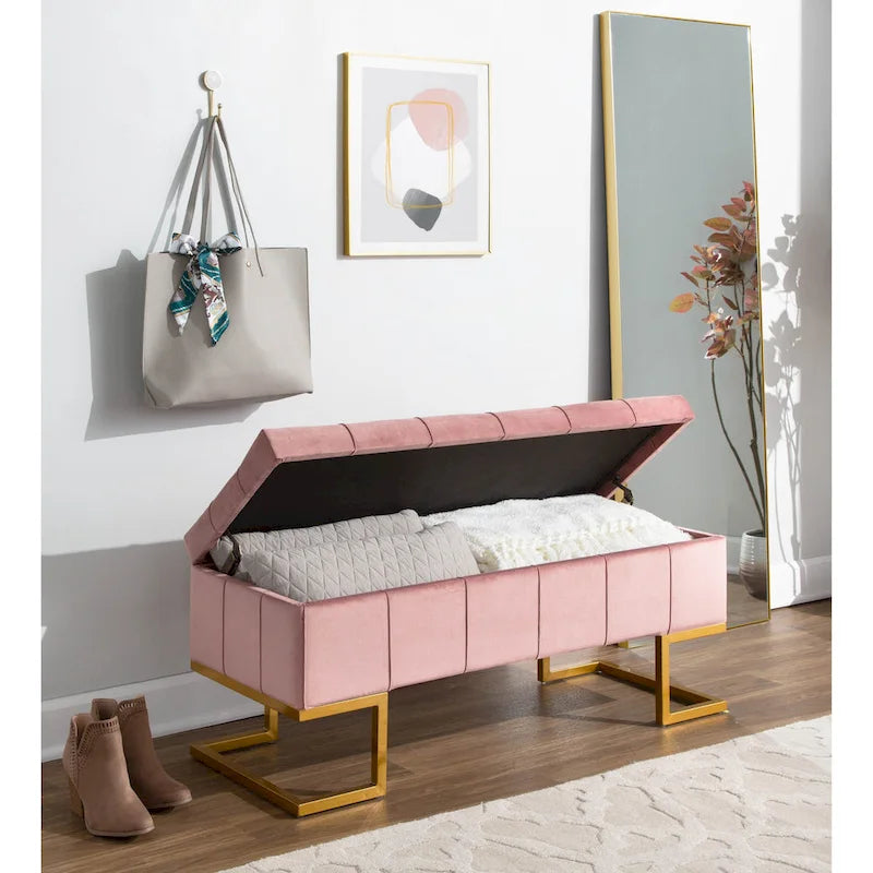 Banc de rangement en velours avec couvercle relevable