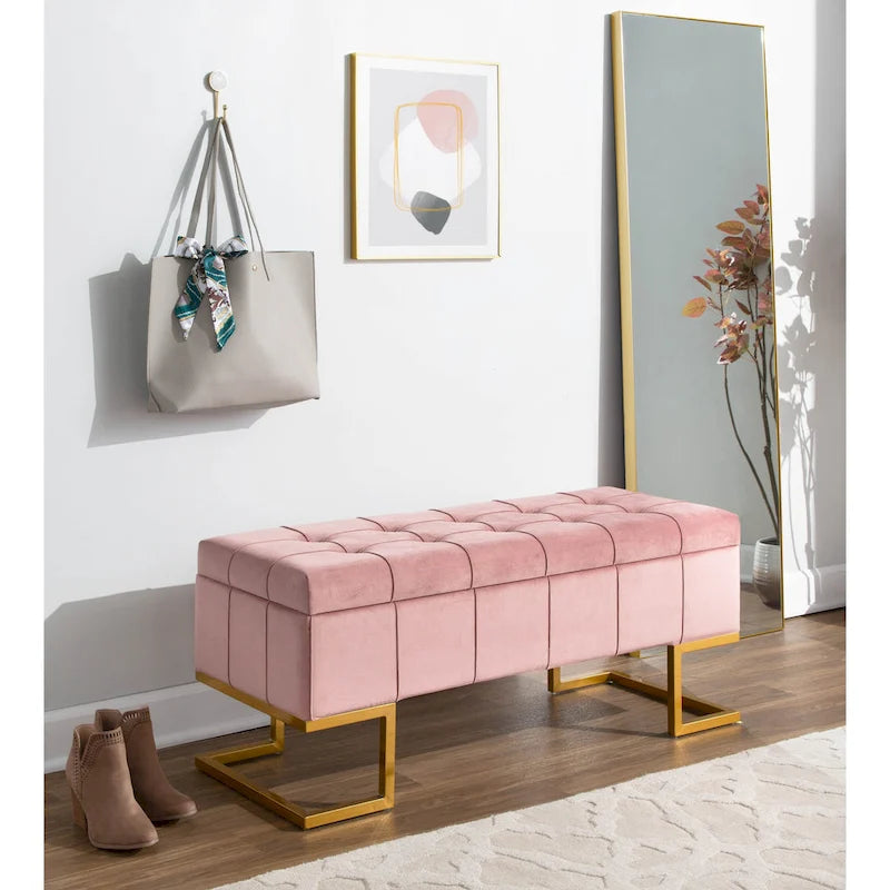 Banc de rangement en velours avec couvercle relevable