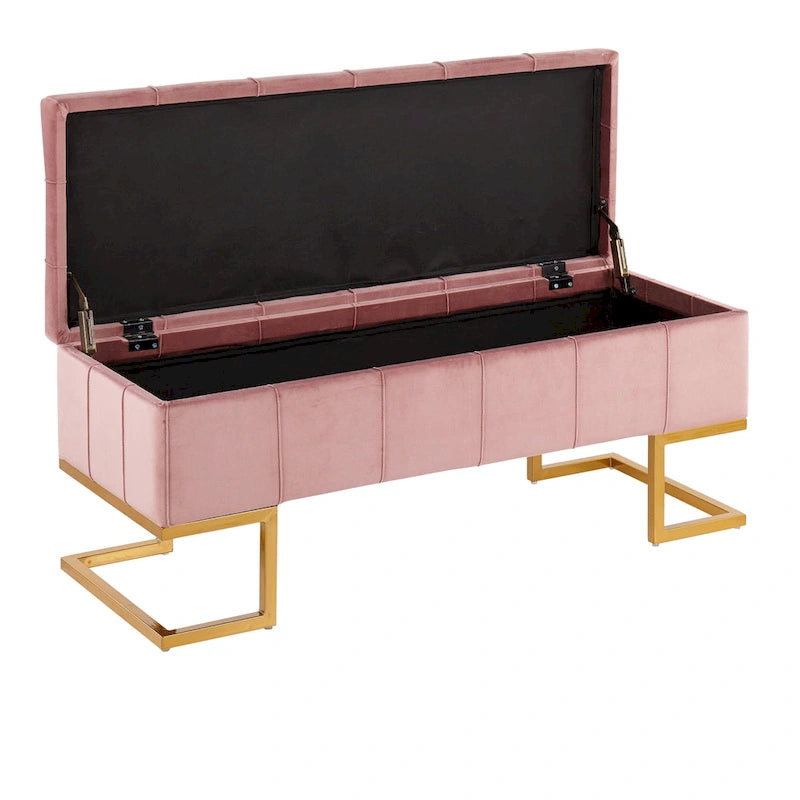Banc de rangement en velours avec couvercle relevable