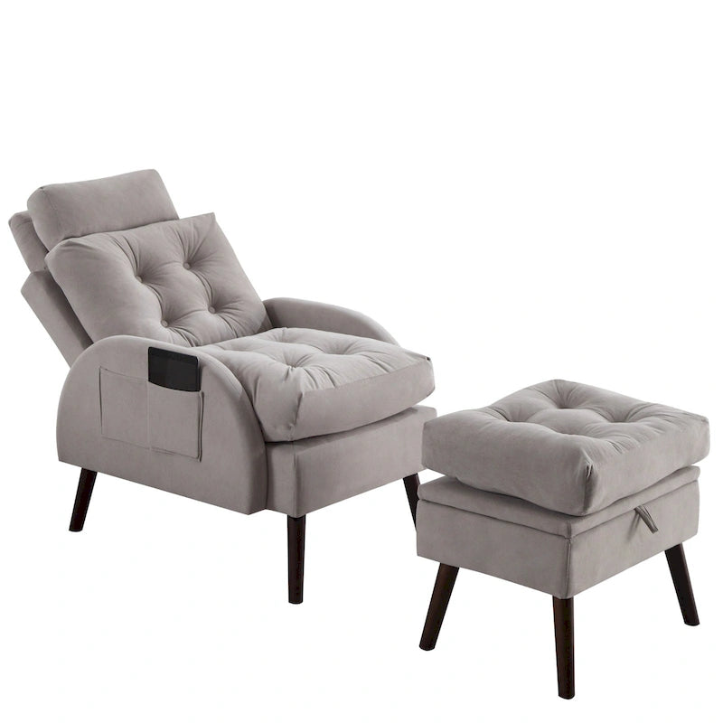 Chaise longue rembourrée avec dossier réglable et pouf de rangement