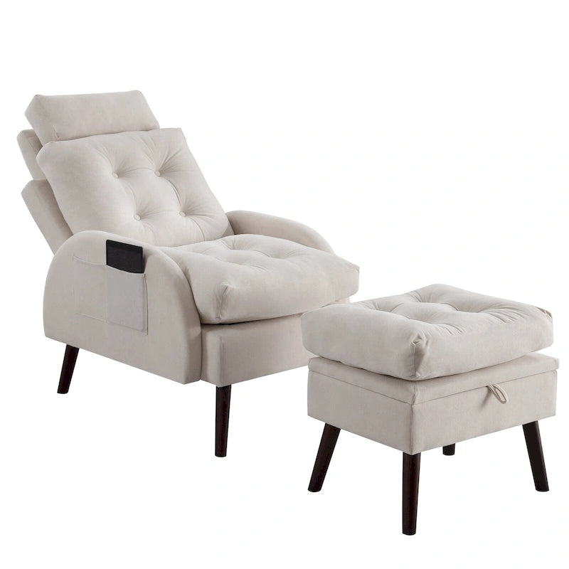 Chaise longue rembourrée avec dossier réglable et pouf de rangement