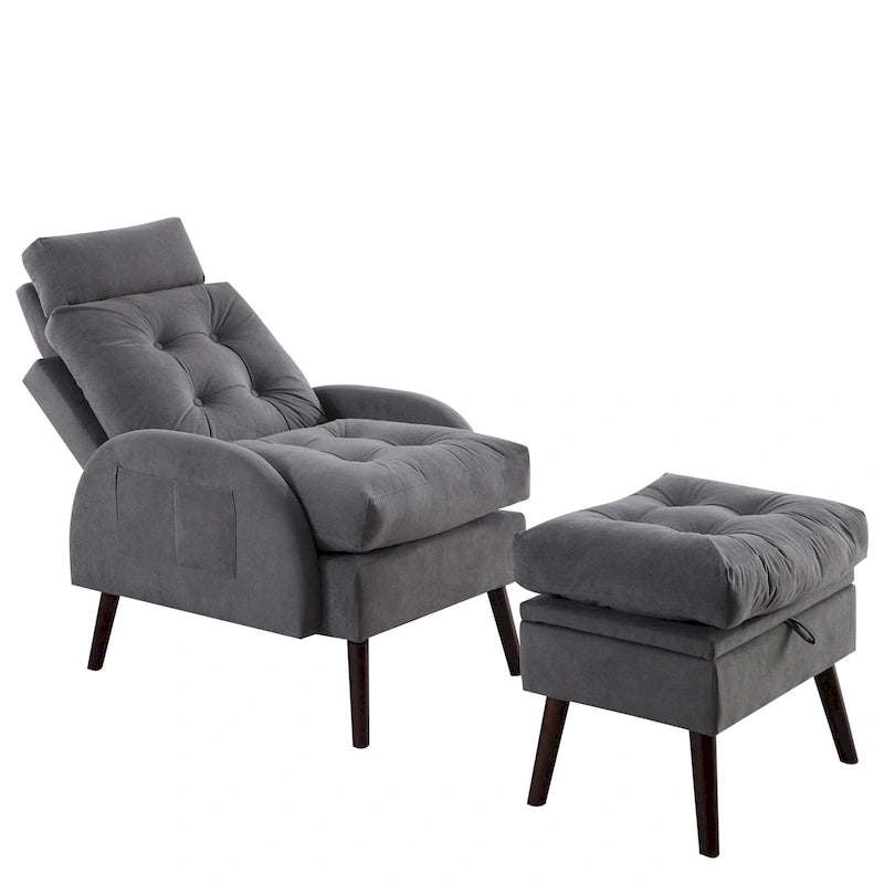 Chaise longue rembourrée avec dossier réglable et pouf de rangement