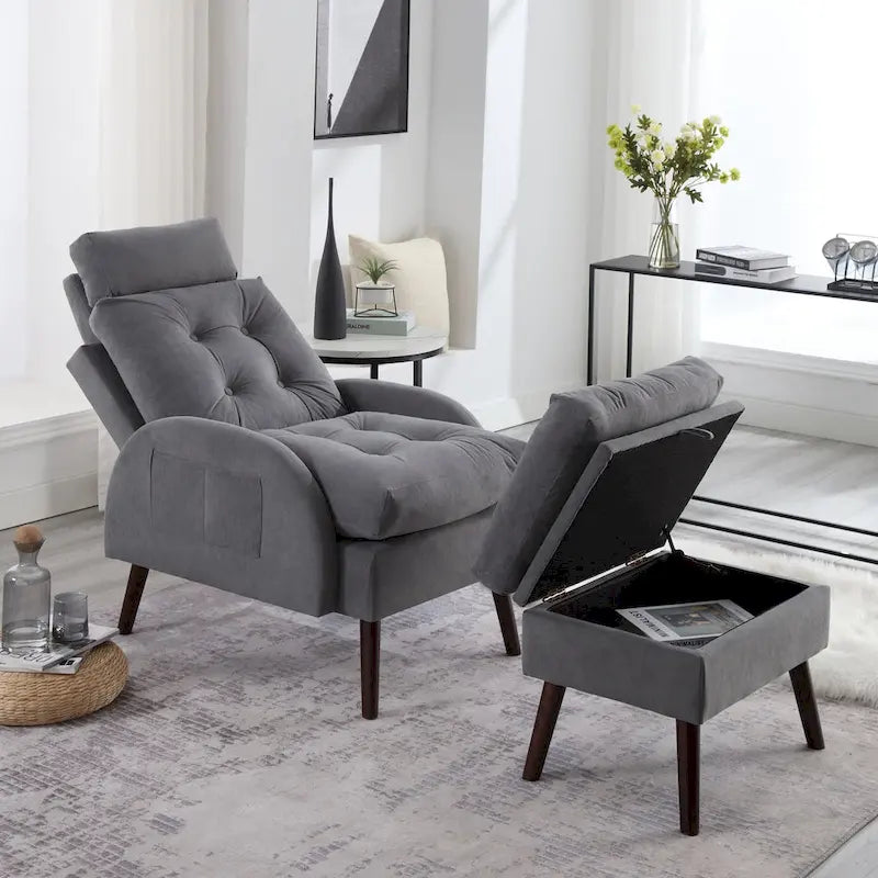 Chaise longue rembourrée avec dossier réglable et pouf de rangement