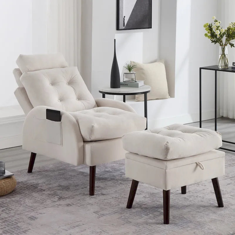 Chaise longue rembourrée avec dossier réglable et pouf de rangement