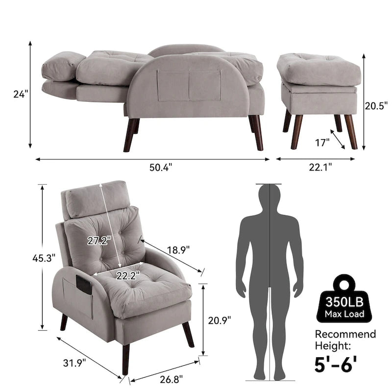 Chaise longue rembourrée avec dossier réglable et pouf de rangement