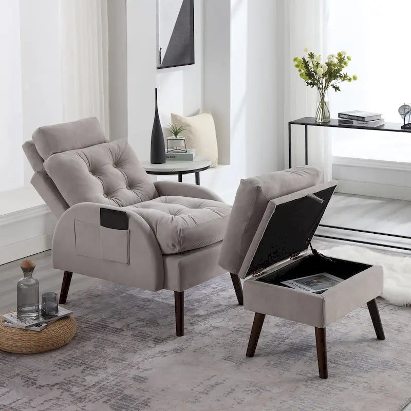 Chaise longue rembourrée avec dossier réglable et pouf de rangement