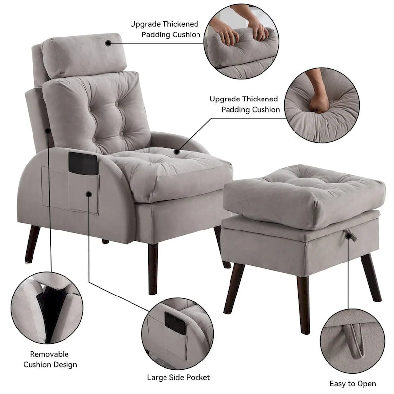 Chaise longue rembourrée avec dossier réglable et pouf de rangement