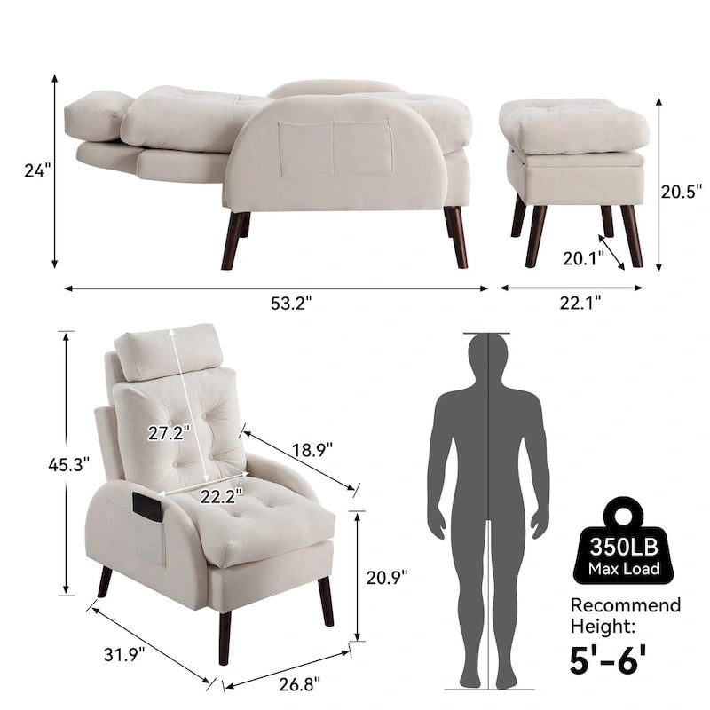 Chaise longue rembourrée avec dossier réglable et pouf de rangement