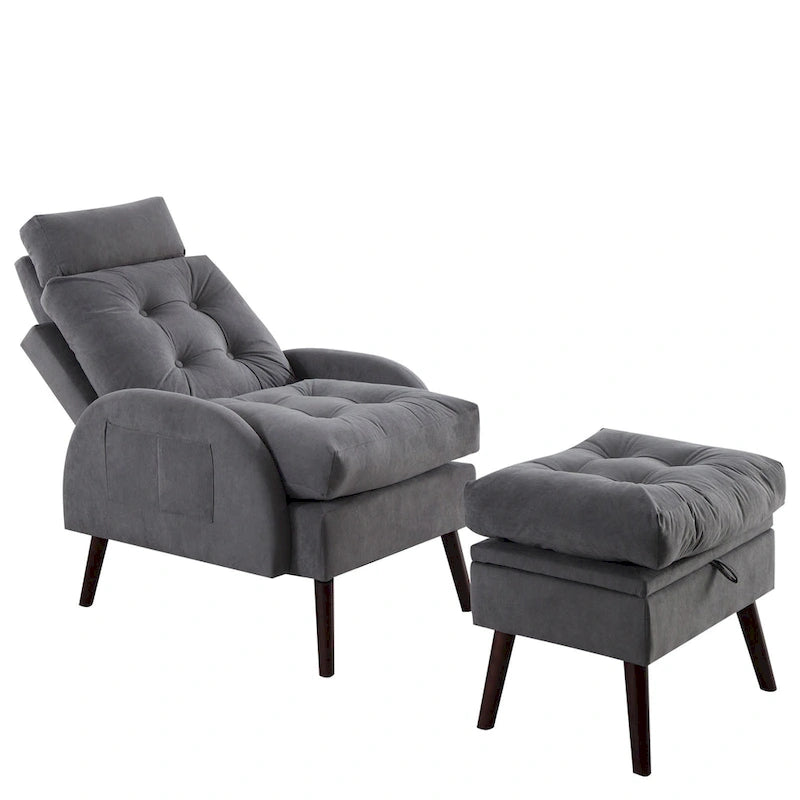 Chaise longue rembourrée avec dossier réglable et pouf de rangement