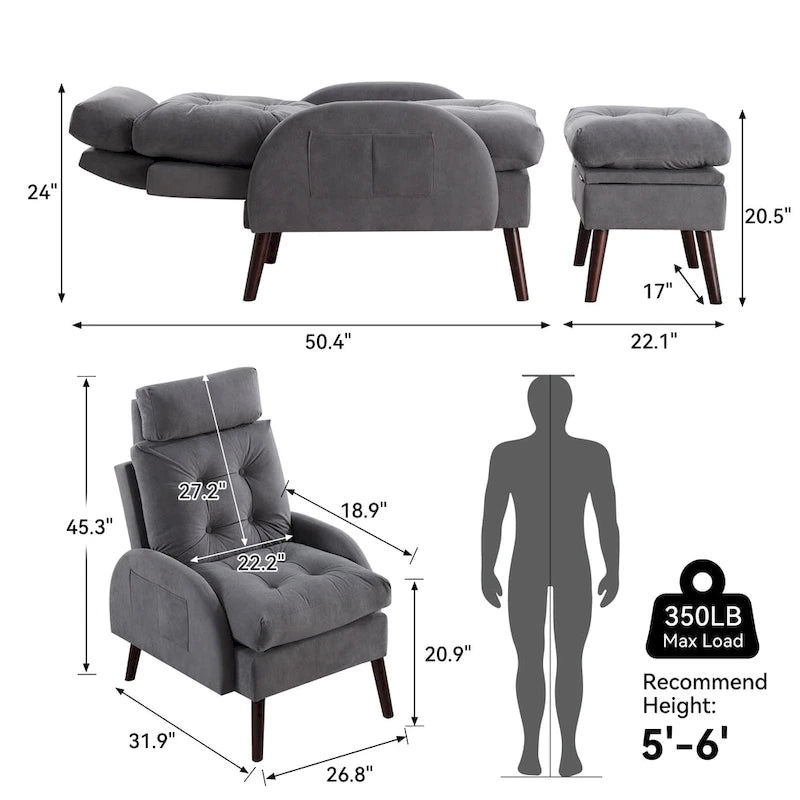 Chaise longue rembourrée avec dossier réglable et pouf de rangement