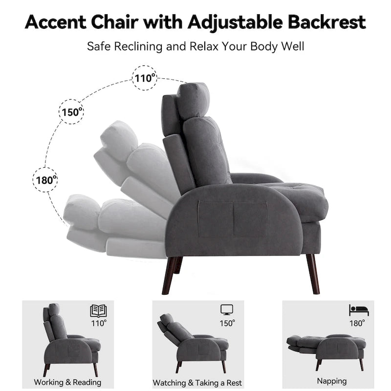 Chaise longue rembourrée avec dossier réglable et pouf de rangement