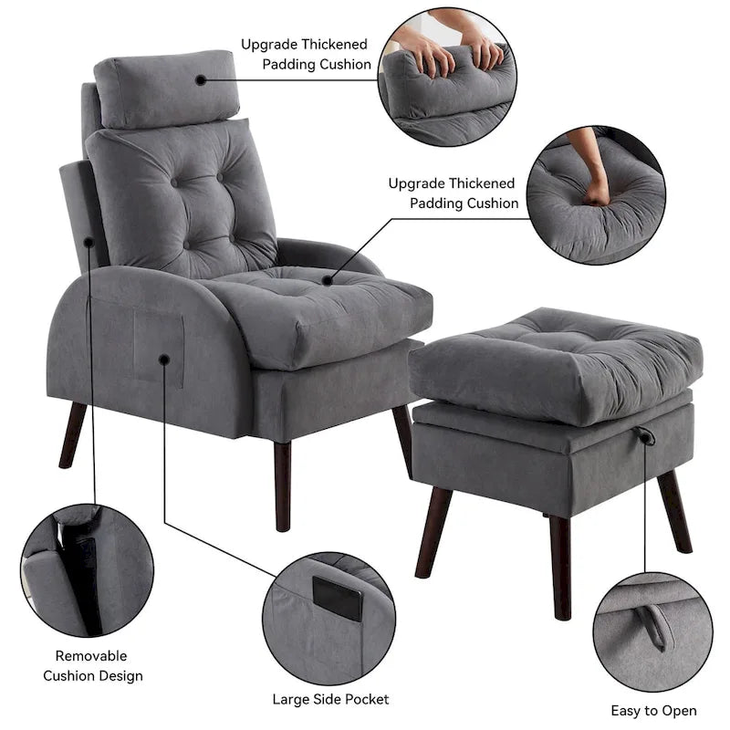 Chaise longue rembourrée avec dossier réglable et pouf de rangement