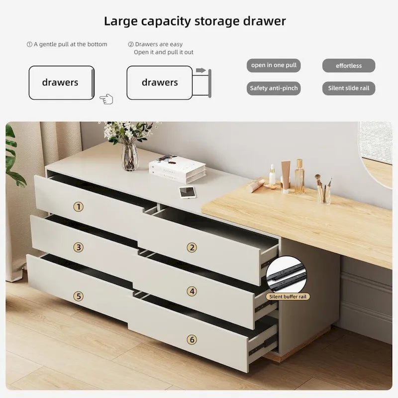 Coiffeuse d'angle blanche en L de 140 cm avec 6 tiroirs, idéale pour les chambres ou les bureaux