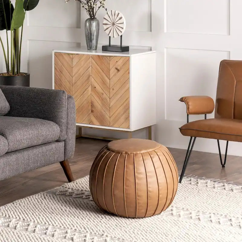 Pouf rond garni en similicuir