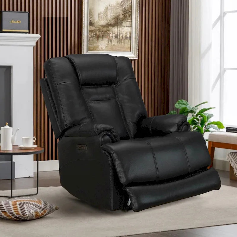 Fauteuil inclinable électrique zéro gravité en cuir pleine fleur noir avec appuie-tête réglable et repose-pieds extensible