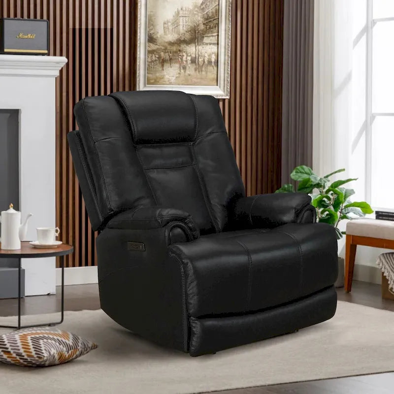 Fauteuil inclinable électrique zéro gravité en cuir pleine fleur noir avec appuie-tête réglable et repose-pieds extensible
