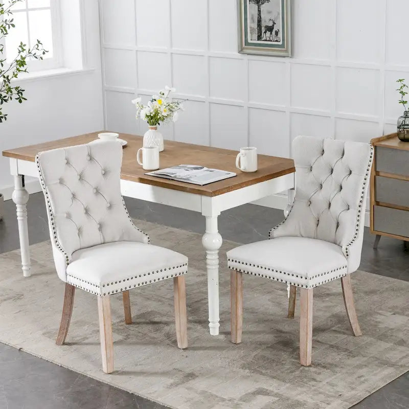 Lot de 2 chaises de salle à manger tapissées en lin ou velours avec bordure cloutée et pieds en bois