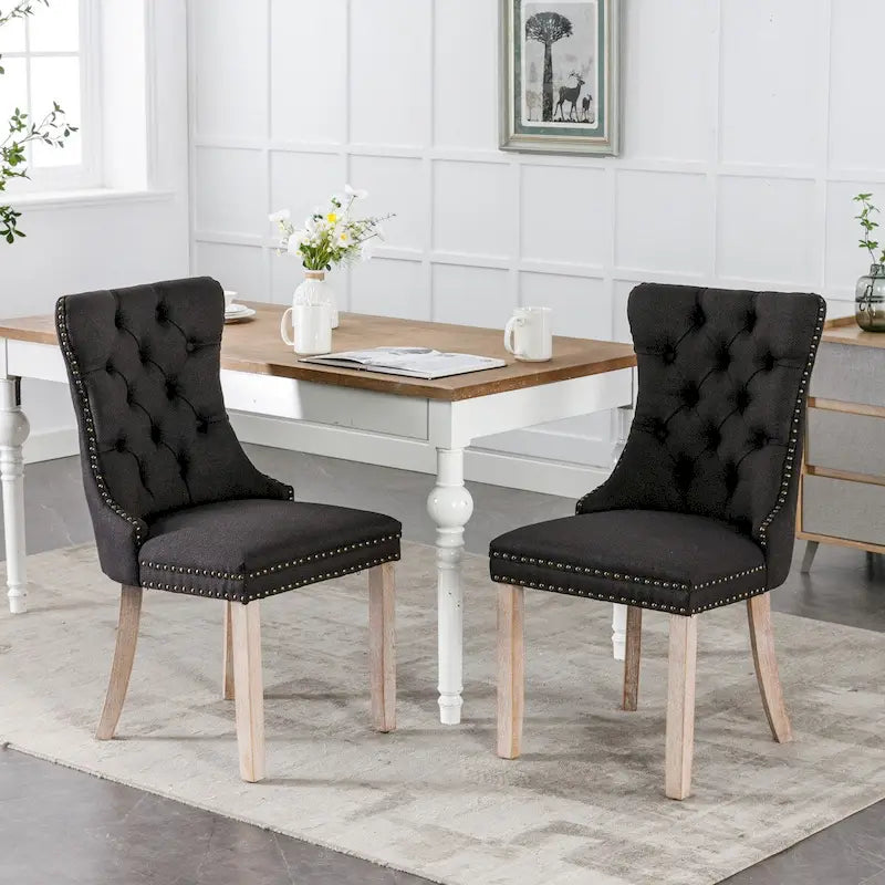 Lot de 2 chaises de salle à manger tapissées en lin ou velours avec bordure cloutée et pieds en bois
