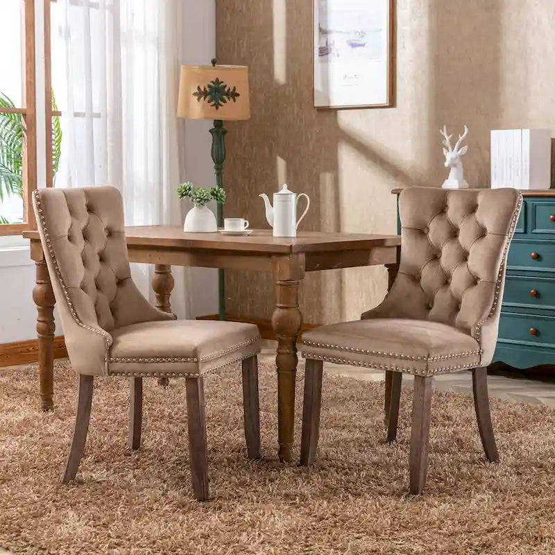 Lot de 2 chaises de salle à manger tapissées en lin ou velours avec bordure cloutée et pieds en bois