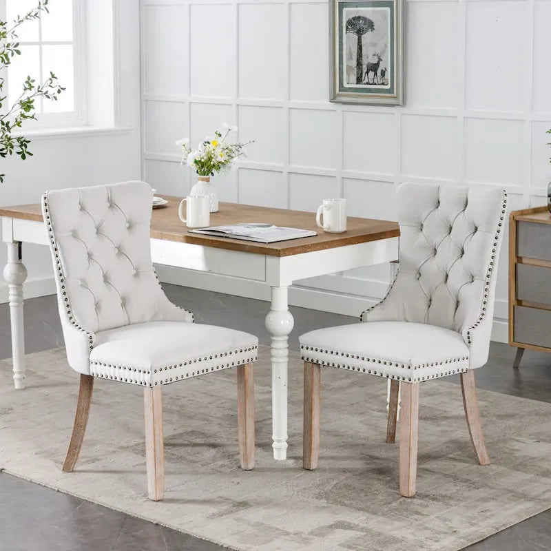 Lot de 2 chaises de salle à manger tapissées en lin ou velours avec bordure cloutée et pieds en bois