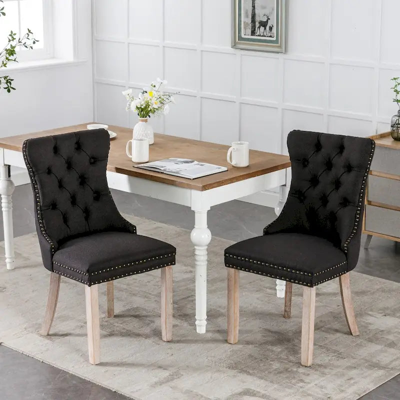 Lot de 2 chaises de salle à manger tapissées en lin ou velours avec bordure cloutée et pieds en bois