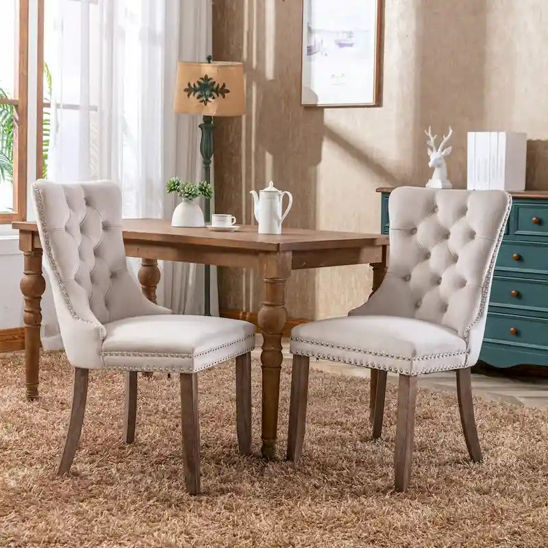 Lot de 2 chaises de salle à manger tapissées en lin ou velours avec bordure cloutée et pieds en bois