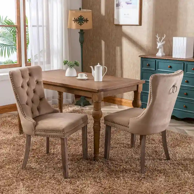 Lot de 2 chaises de salle à manger tapissées en lin ou velours avec bordure cloutée et pieds en bois