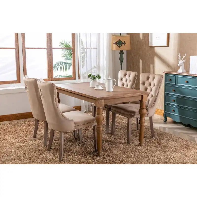 Lot de 2 chaises de salle à manger tapissées en lin ou velours avec bordure cloutée et pieds en bois