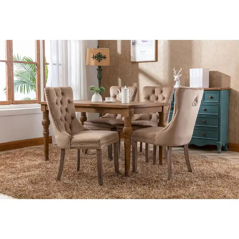 Lot de 2 chaises de salle à manger tapissées en lin ou velours avec bordure cloutée et pieds en bois