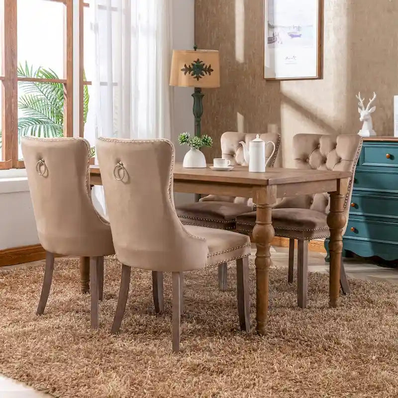 Lot de 2 chaises de salle à manger tapissées en lin ou velours avec bordure cloutée et pieds en bois