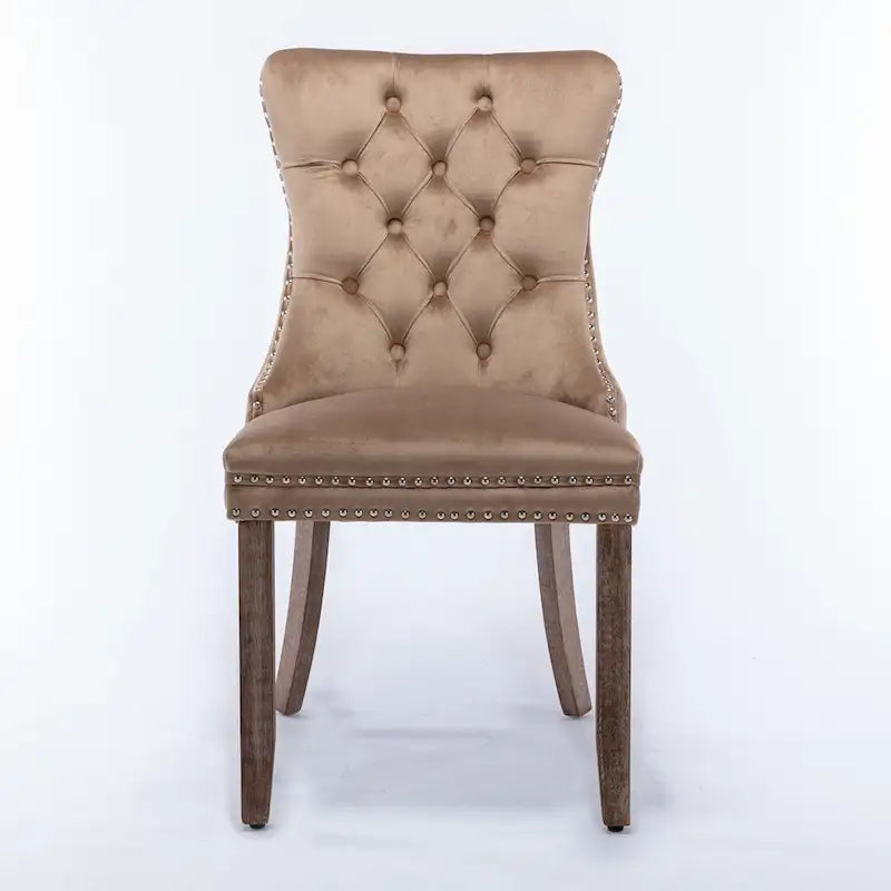 Lot de 2 chaises de salle à manger tapissées en lin ou velours avec bordure cloutée et pieds en bois