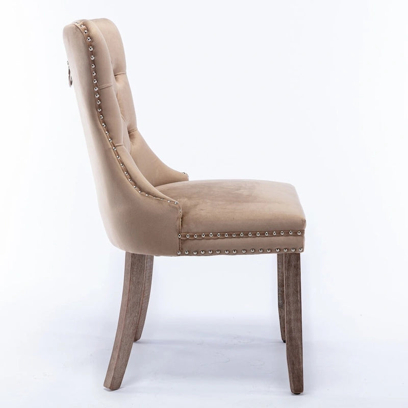Lot de 2 chaises de salle à manger tapissées en lin ou velours avec bordure cloutée et pieds en bois