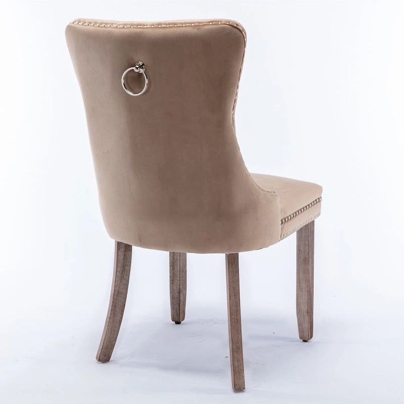 Lot de 2 chaises de salle à manger tapissées en lin ou velours avec bordure cloutée et pieds en bois
