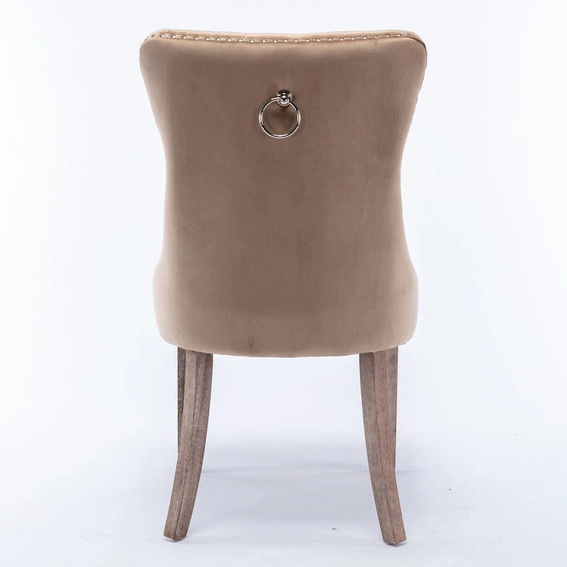 Lot de 2 chaises de salle à manger tapissées en lin ou velours avec bordure cloutée et pieds en bois