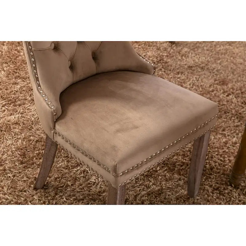 Lot de 2 chaises de salle à manger tapissées en lin ou velours avec bordure cloutée et pieds en bois