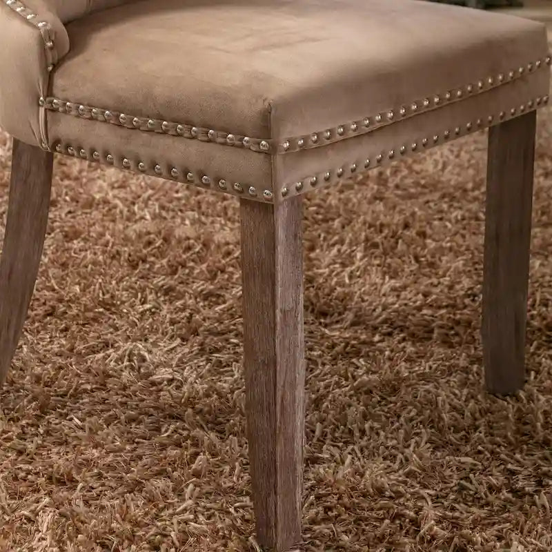 Lot de 2 chaises de salle à manger tapissées en lin ou velours avec bordure cloutée et pieds en bois